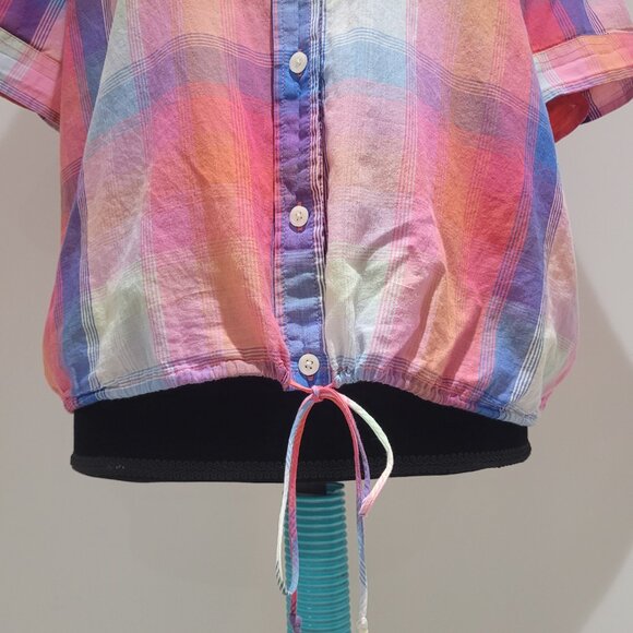 American Eagle Multicolor Plaid Short Sleeve Button Down Blouse Size Medium - Picture 8 of 15